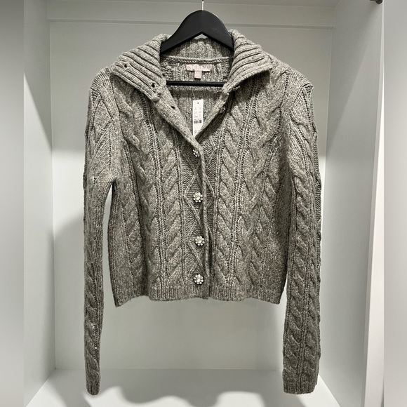 J Crew Cableknit gray turtleneck cardigan sweater Wool Alpaca blend S gem button - Picture 1 of 9